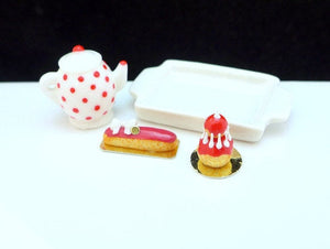 Tea Tray Set with French Pastries - Strawberry - 12th Scale Miniature Food