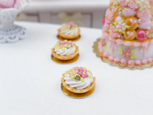 Pink Flower Chantilly Cream Tartlet - Miniature French Pastry in 12th Scale