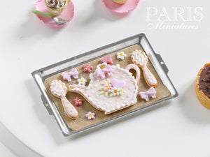 Teatime Cookies on Baking Sheet (Teapot, Spoons) - Miniature Food