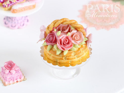 Pink Roses Basket Cake - Handmade Miniature Food