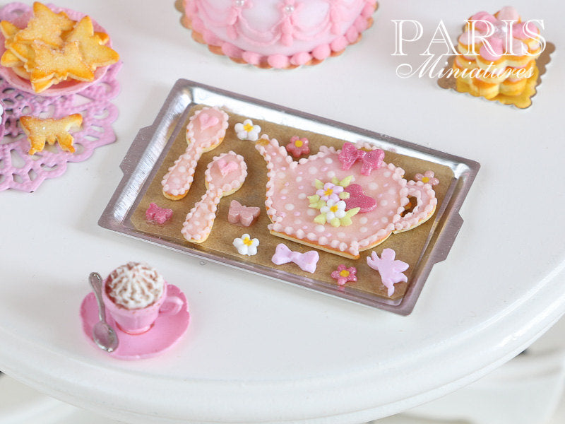 Novelty Shaped Pink Teatime Cookies on Baking Sheet (Teapot, Spoons) - Miniature Food