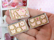 Load image into Gallery viewer, Novelty Shaped Pink Teatime Cookies on Baking Sheet (Teapot, Spoons) - Miniature Food