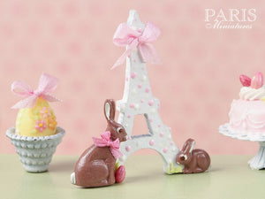 "Easter in Paris" Eiffel Tower and Chocolate Bunny Miniature Decoration Pink Ribbon