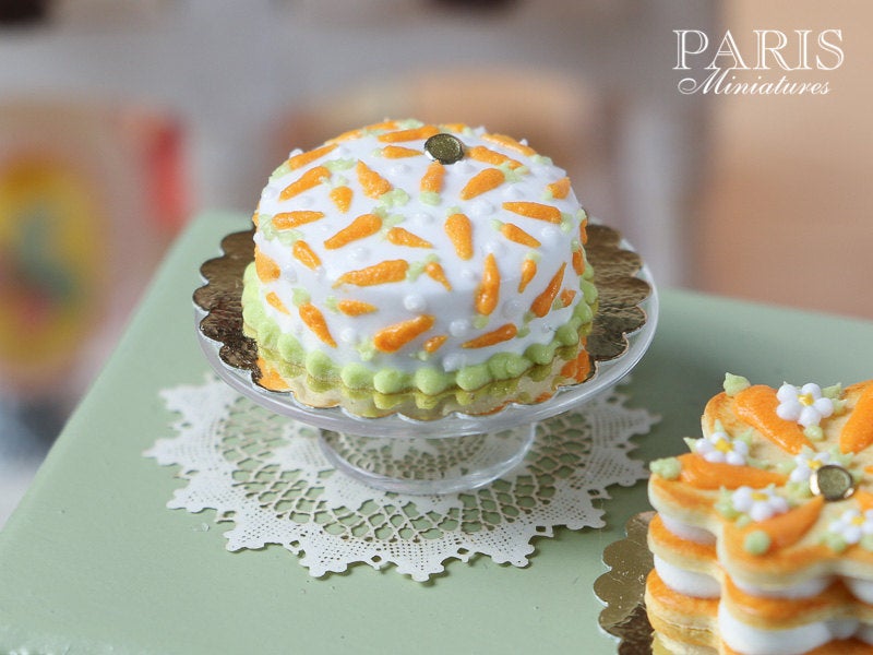 Easter Cake with Hand-piped Carrot Decoration - Miniature Food in 12th Scale for Dollhouse