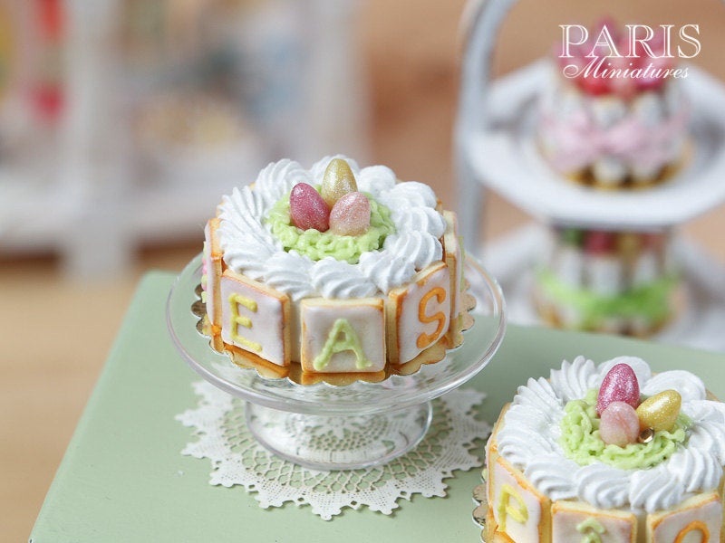 Easter Cream Cake with Candy Egg Nest - with EASTER or PÂQUES Letter Cookies - Miniature Food