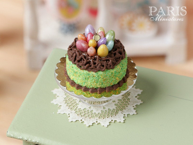 Easter Cake Decorated with Candy Eggs in Chocolate 'Nest' - Miniature Food in 12th Scale