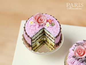 Pink And Chocolate Layer Cake decorated with Pink Rose - Miniature Food in 12th Scale for Dollhouse