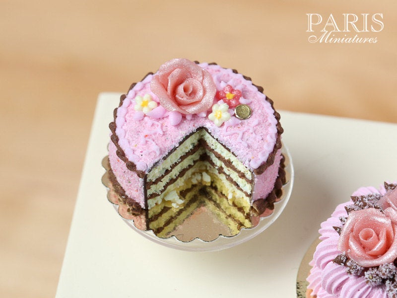 Pink And Chocolate Layer Cake decorated with Pink Rose - Miniature Food in 12th Scale for Dollhouse