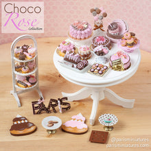 Load image into Gallery viewer, Pink And Chocolate Layer Cake decorated with Pink Rose - Miniature Food in 12th Scale for Dollhouse