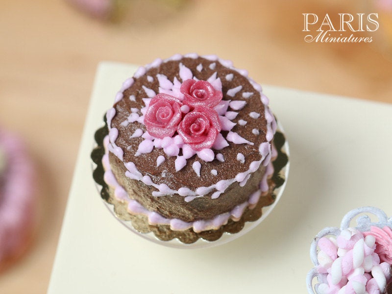 Chocolate Cake decorated with trio of Pink Roses - Miniature Food