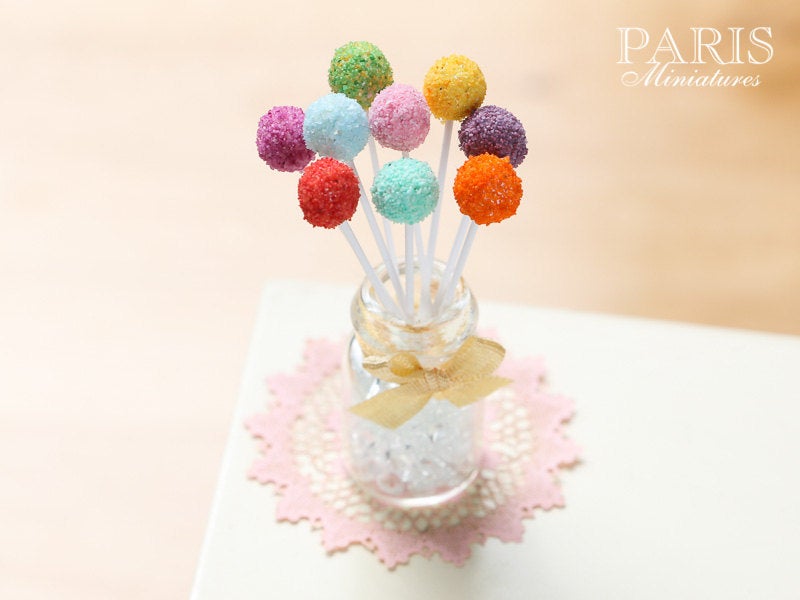 Rainbow Cake Pops with Glass Display Jar - Miniature Food in 12th Scale for Dollhouse