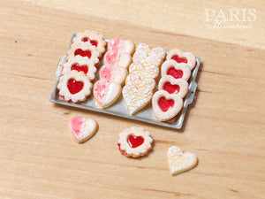 Heart Shaped Jam Cookies and Lace Effect Cookies on Tray - Miniature Food