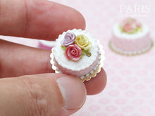 Load image into Gallery viewer, Trio of Roses Cake (Pink, Yellow, Mauve) - Tiny Miniature Food in 12th Scale for Dollhouse
