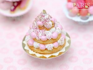 Three Tiered Pink St Honoré Pièce Montée - Tiny Miniature Food in 12th Scale for Dollhouse