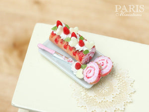 Strawberries and Cream Pink Swiss Roll Cake - Miniature Food in 12th Scale for Dollhouse