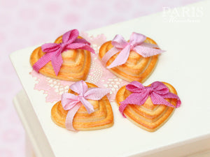 Three Heart Shaped Cookies Decorated with Pink Bow (Choice of Light or Dark Pink) - Miniature Food