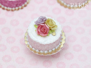 Trio of Roses Cake (Pink, Yellow, Mauve) - Tiny Miniature Food in 12th Scale for Dollhouse