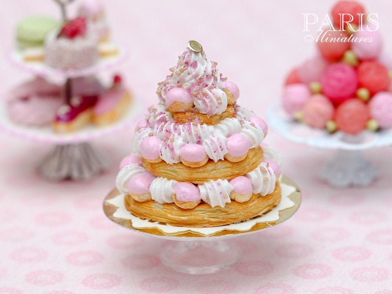 Three Tiered Pink St Honoré Pièce Montée - Tiny Miniature Food in 12th Scale for Dollhouse