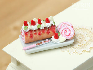 Strawberries and Cream Pink Swiss Roll Cake - Miniature Food in 12th Scale for Dollhouse