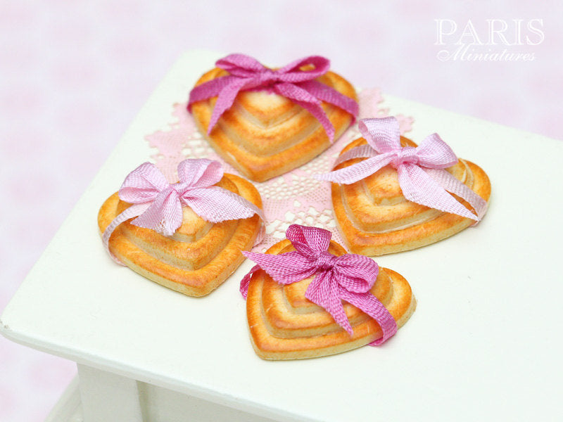 Three Heart Shaped Cookies Decorated with Pink Bow (Choice of Light or Dark Pink) - Miniature Food