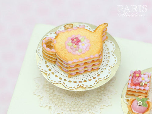 Teapot Shaped Sablé (French Cookie) Decorated with Pink Blossoms - Miniature Food