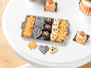 Halloween / Fall Cookies and Chocolates on Metal Tray - Pumpkins, Boo Cookies - Miniature Food