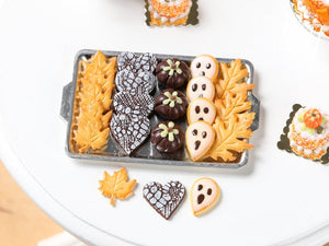 Halloween / Fall Cookies and Chocolates on Metal Tray - Pumpkins, Boo Cookies - Miniature Food