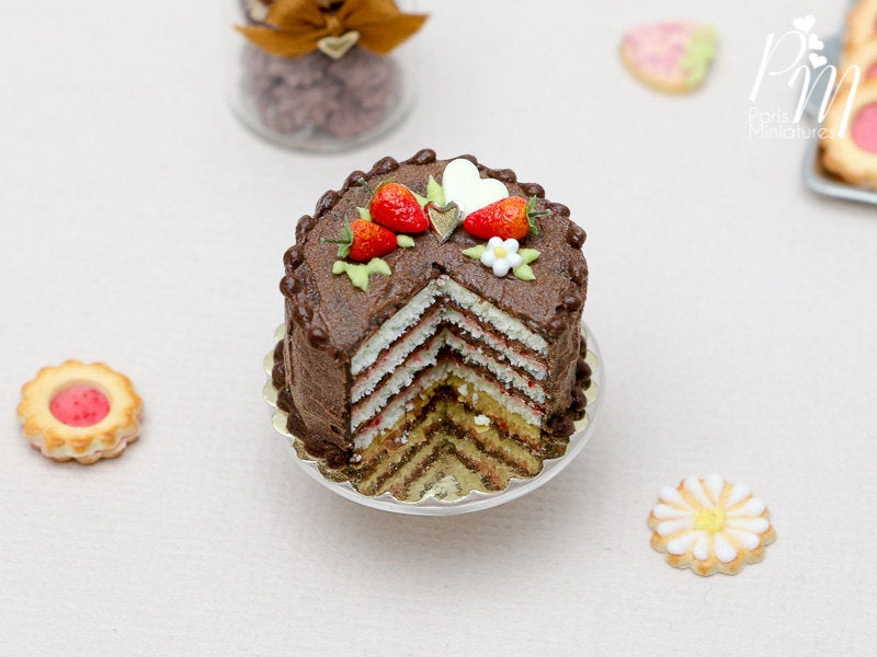 Chocolate and Strawberry Layer Cake - Miniature Food in 12th Scale