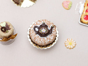 Pretty Cake with Chocolate Teapot Decoration - Miniature Food in 12th Scale for Dollhouse