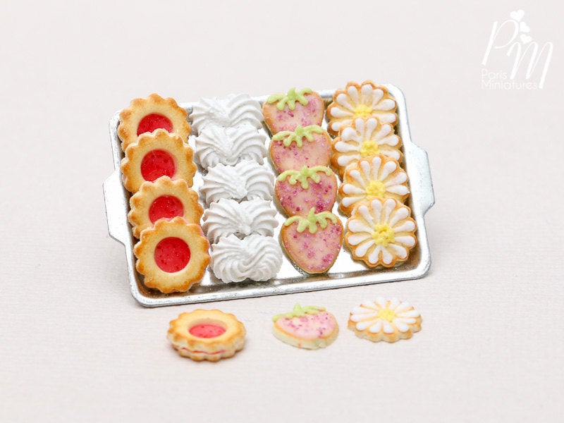 Summer Strawberry and Cream Cookies and Meringue on Tray - Miniature Food
