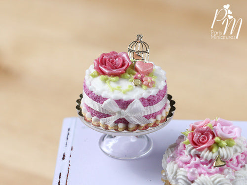 Pink Cake Decorated with Pink Rose, Heart, Golden Birdcage -  Miniature Food