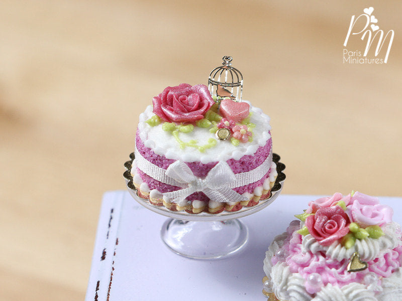 Pink Cake Decorated with Pink Rose, Heart, Golden Birdcage -  Miniature Food