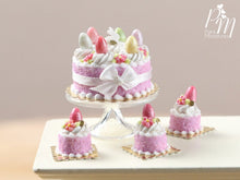 Load image into Gallery viewer, Easter Cake with Colourful Eggs and Rabbit - Pink - Miniature Food in 12th Scale for Dollhouse