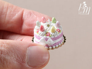 Easter Cake with Colourful Eggs and Rabbit - Pink - Miniature Food in 12th Scale for Dollhouse