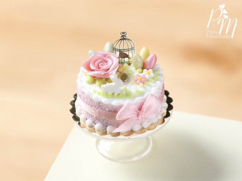 Beautiful Light Pink Easter Cake with Rose, Eggs, Rabbit, Golden Birdcage - Miniature Food