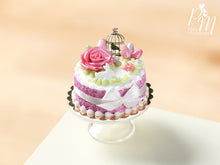 Load image into Gallery viewer, Beautiful Dark Pink Easter Cake with Rose, Eggs, Rabbit, Golden Birdcage - Miniature Food