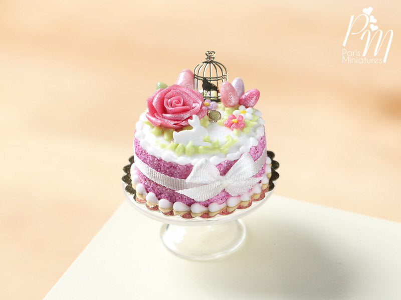 Beautiful Dark Pink Easter Cake with Rose, Eggs, Rabbit, Golden Birdcage - Miniature Food
