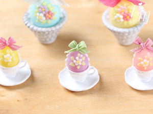 Candy Easter Egg Decorated with Blossoms in Egg Cup - Purple Egg
