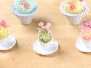 Candy Easter Egg Decorated with Blossoms in Egg Cup - Green Egg