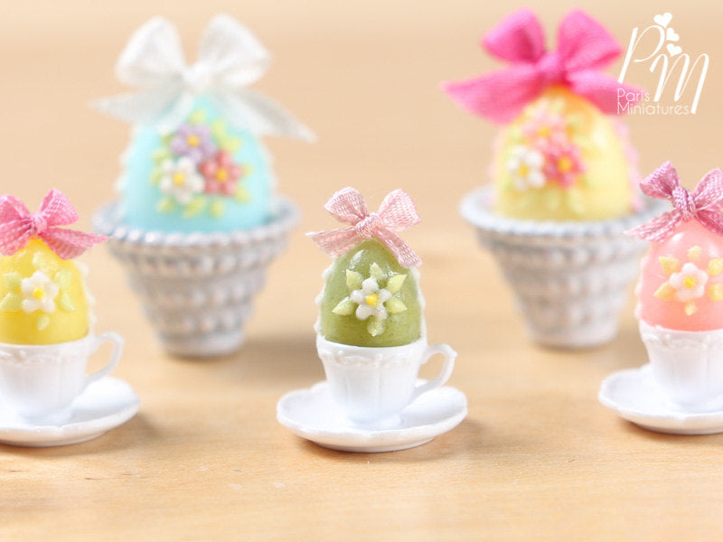 Candy Easter Egg Decorated with Blossoms in Egg Cup - Green Egg