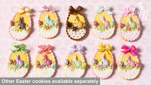 Easter Shortbread Cookie “Basket” Decorated with Rabbit, Blossoms, Egg, Bunny, White Silk Bow