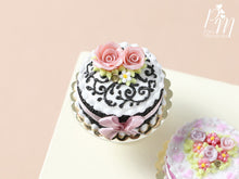 Load image into Gallery viewer, Miniature Black and White Cake Decorated with Pink Roses - Miniature Food