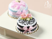 Load image into Gallery viewer, Miniature Black and White Cake Decorated with Pink Roses - Miniature Food