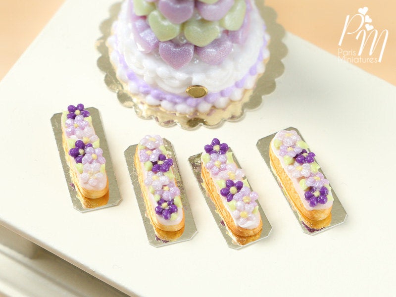 French Eclair Decorated with Purple and Lilac Blossoms - Miniature Food for Dollhouse 12th scale