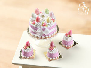 Easter Cake with Colourful Eggs and Rabbit - Pink - Miniature Food in 12th Scale for Dollhouse