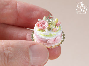 Beautiful Light Pink Easter Cake with Rose, Eggs, Rabbit, Golden Birdcage - Miniature Food