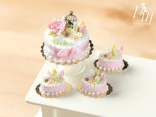 Load image into Gallery viewer, Beautiful Light Pink Easter Cake with Rose, Eggs, Rabbit, Golden Birdcage - Miniature Food