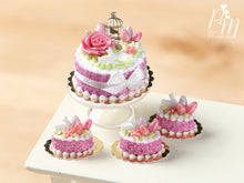 Load image into Gallery viewer, Beautiful Dark Pink Easter Cake with Rose, Eggs, Rabbit, Golden Birdcage - Miniature Food