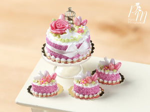 Beautiful Dark Pink Easter Cake with Rose, Eggs, Rabbit, Golden Birdcage - Miniature Food