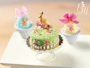 Spring Garden Miniature Easter Cake Decorated with Bunny Cookie, Pink Eggs, Blossoms